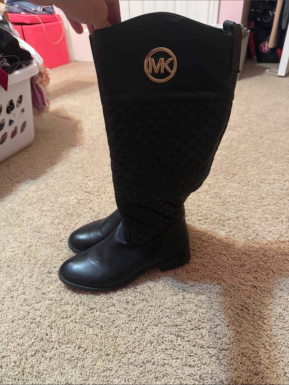 Michael Kors Black Quilted Riding Boots with Gold MK Emblem